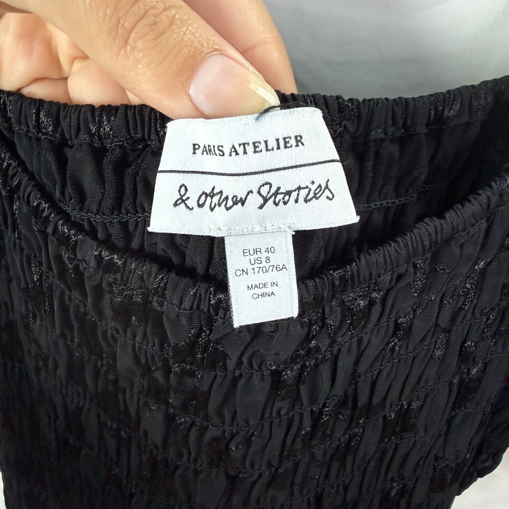 & Other Stories Smocked Puff Sleeve Wide Leg Jumpsuit Black US 8 - Picture 5 of 8